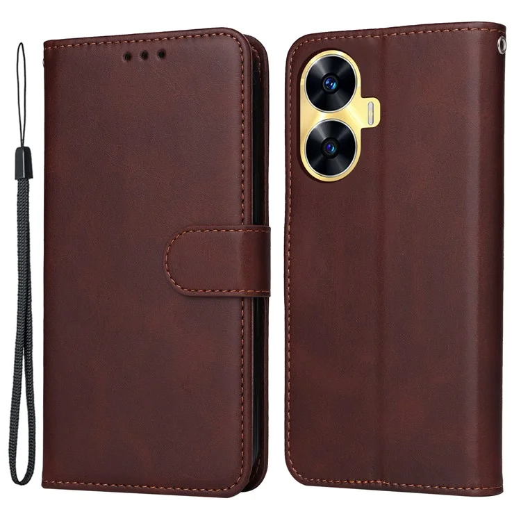 Per Realme C55 4G Calf Texture Phone Leather Case Wallet Stand Cell Phone Cover with Strap - Marrone