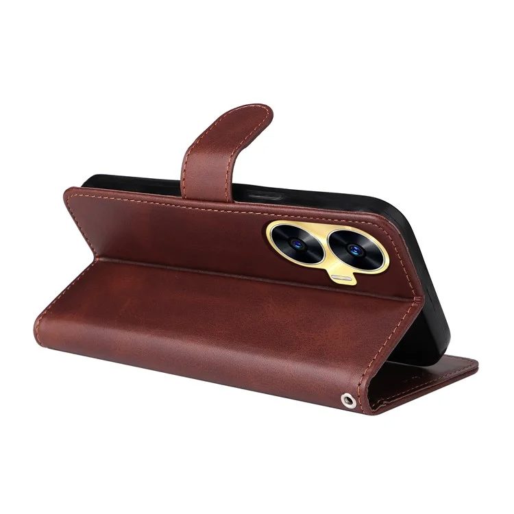 Per Realme C55 4G Calf Texture Phone Leather Case Wallet Stand Cell Phone Cover with Strap - Marrone