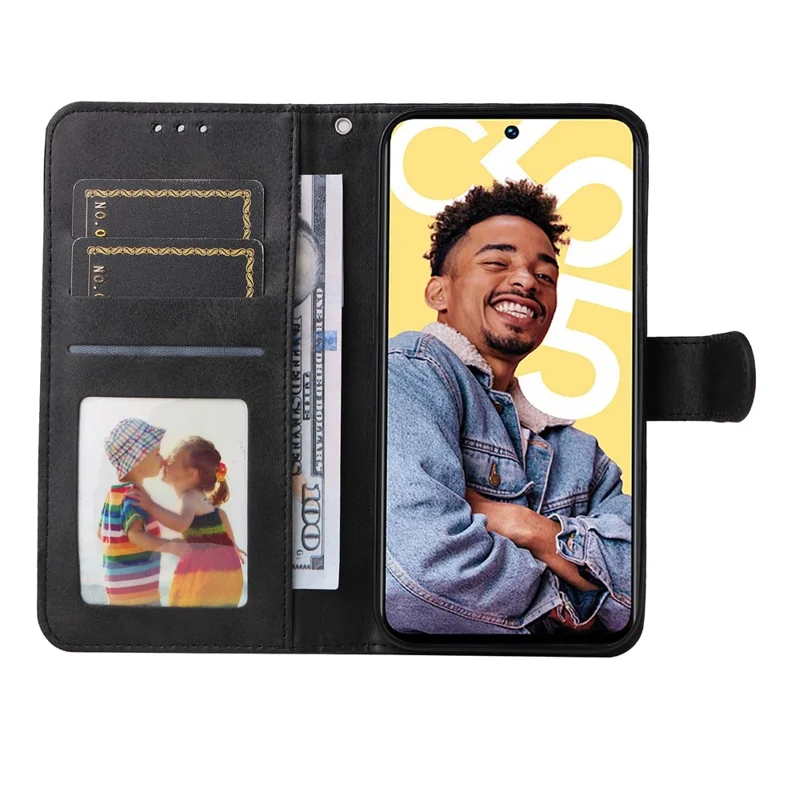 For Realme C55 4G Calf Texture Phone Leather Case Wallet Stand Cell Phone Cover with Strap - Black
