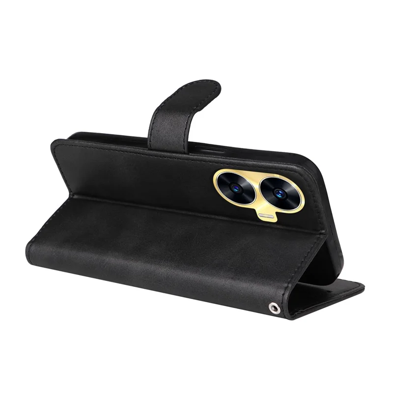 For Realme C55 4G Calf Texture Phone Leather Case Wallet Stand Cell Phone Cover with Strap - Black