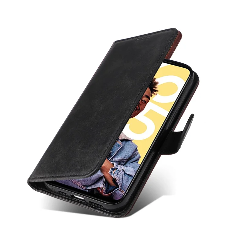 For Realme C55 4G Calf Texture Phone Leather Case Wallet Stand Cell Phone Cover with Strap - Black