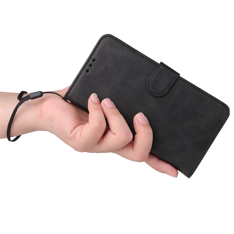 For Realme C55 4G Calf Texture Phone Leather Case Wallet Stand Cell Phone Cover with Strap - Black