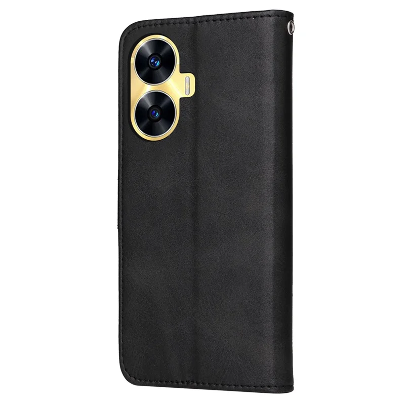 For Realme C55 4G Calf Texture Phone Leather Case Wallet Stand Cell Phone Cover with Strap - Black