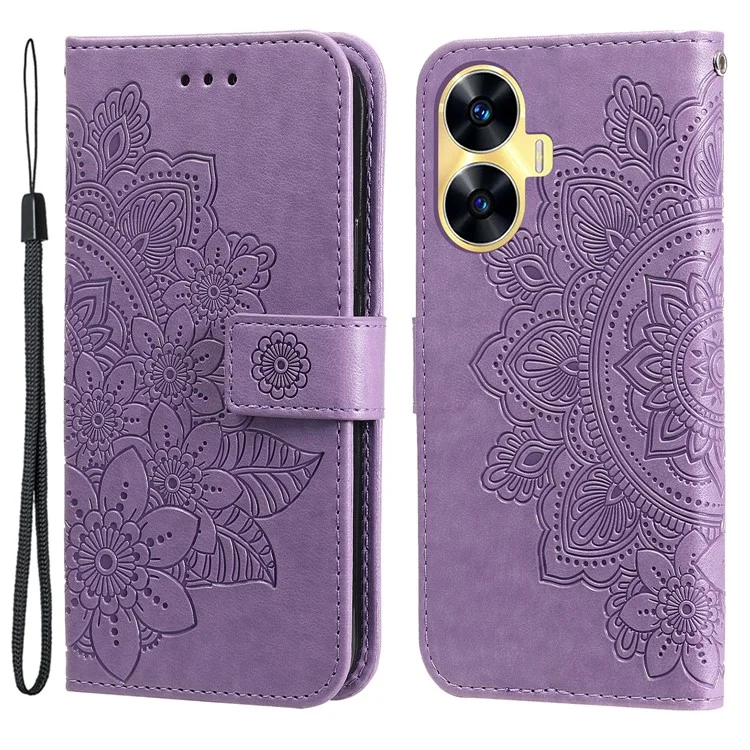 Per Realme C55 4G PU Leather Wallet Stand Phone Cover Flower Imprinting Smartphone Case - Viola
