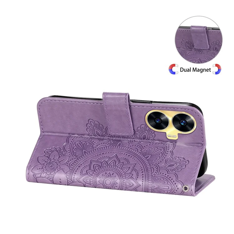 Per Realme C55 4G PU Leather Wallet Stand Phone Cover Flower Imprinting Smartphone Case - Viola