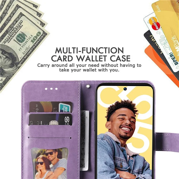 Per Realme C55 4G PU Leather Wallet Stand Phone Cover Flower Imprinting Smartphone Case - Viola