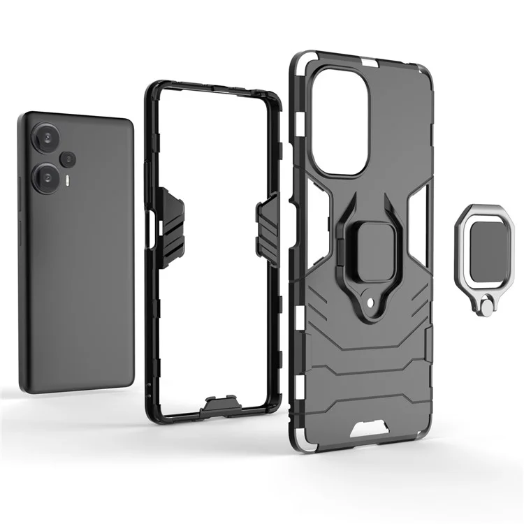 For Xiaomi Redmi Note 12 Turbo / Poco F5 5G Soft TPU Hard PC Shockproof Cover Ring Holder Kickstand Phone Case - Black