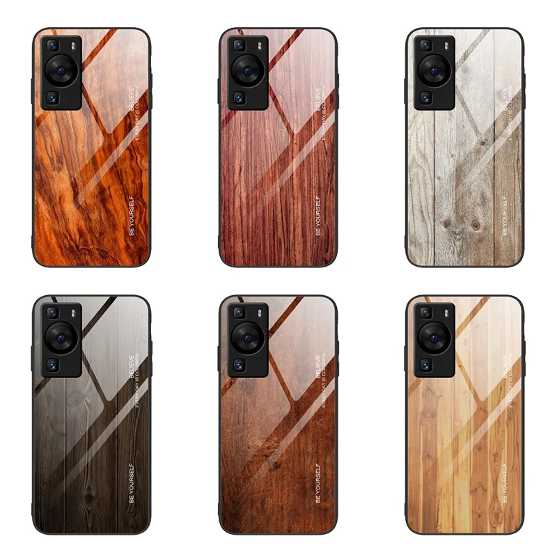 For Huawei P60 Wooden Pattern Phone Case Tempered Glass + TPU Shock Protective Cover - Orange