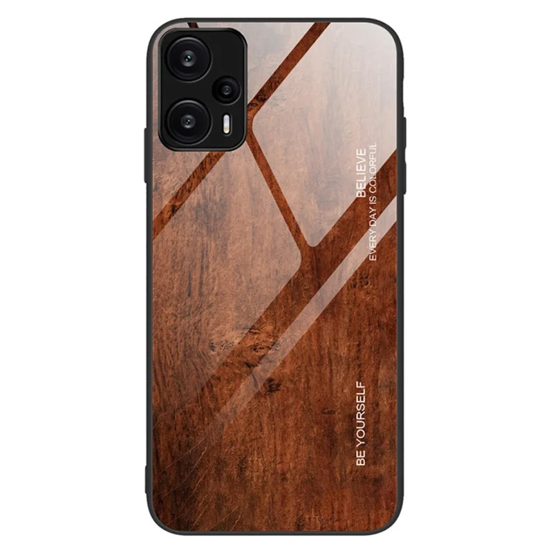 Cover per telefono con motivo in legno per Xiaomi Redmi Note 12 Turbo / Poco F5 5G, telaio in TPU, retro in vetro temperato - Caffè