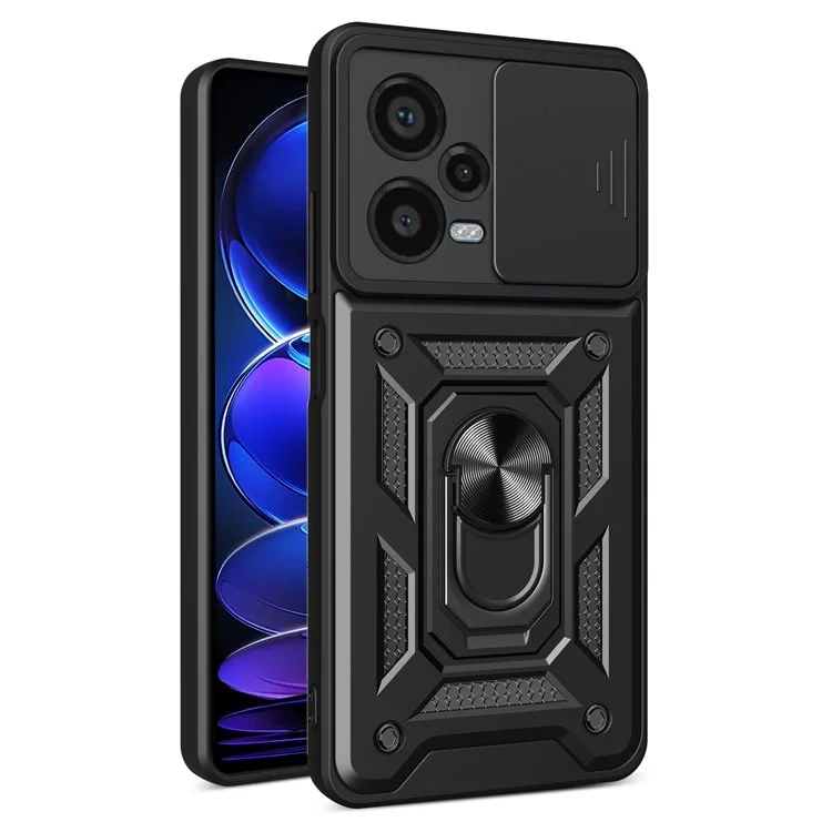 For Xiaomi Redmi Note 12 Pro+ 5G Kickstand Phone Case Slide Lens Protection PC+TPU Phone Cover - Black