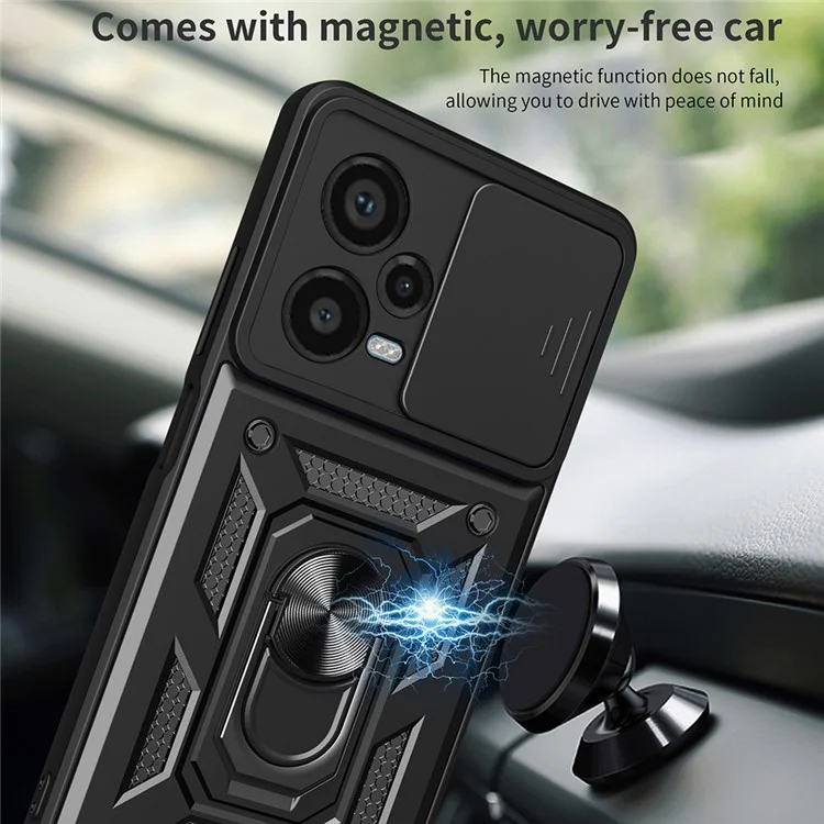 Para Xiaomi Redmi Note 12 Pro+ 5G Kickstand Phone Case Slide Lens Protection PC+TPU Phone Cover - Preto