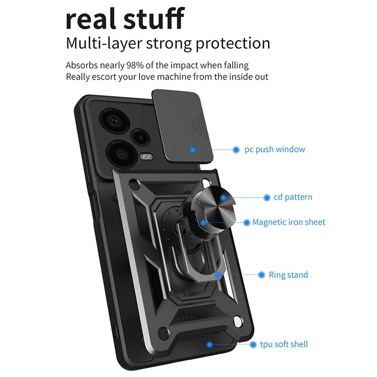 For Xiaomi Redmi Note 12 Pro+ 5G Kickstand Phone Case Slide Lens Protection PC+TPU Phone Cover - Black