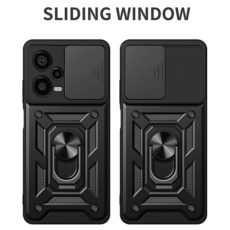 For Xiaomi Redmi Note 12 Pro+ 5G Kickstand Phone Case Slide Lens Protection PC+TPU Phone Cover - Black