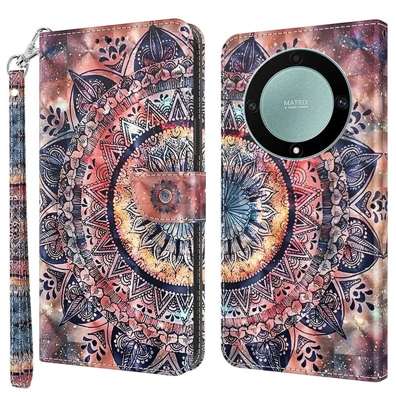 For Honor Magic5 Lite 5G / X40 5G / X9a 5G 3D Pattern Printing PU Leather Wallet Cover Phone Shell with Strap - Color Mandala