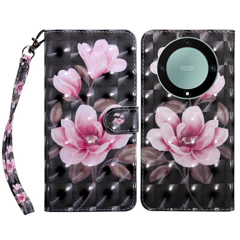 For Honor Magic5 Lite 5G / X40 5G / X9a 5G 3D Pattern Printing PU Leather Wallet Cover Phone Shell with Strap - Pink Flower