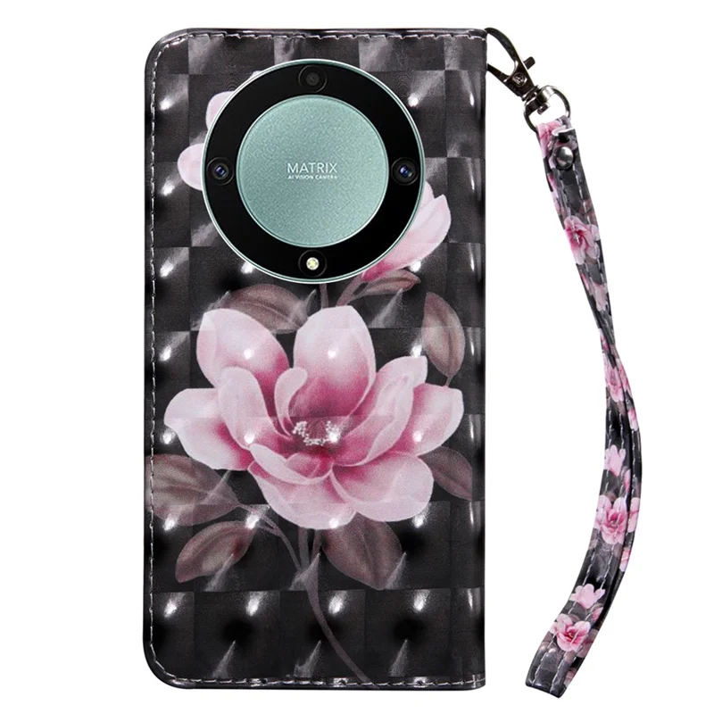 For Honor Magic5 Lite 5G / X40 5G / X9a 5G 3D Pattern Printing PU Leather Wallet Cover Phone Shell with Strap - Pink Flower