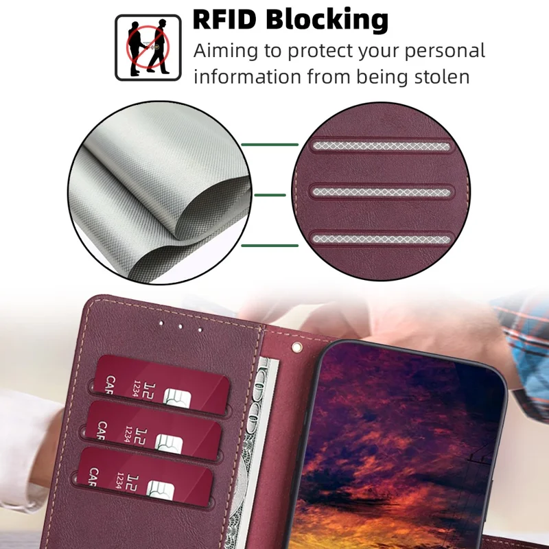 For OnePlus Nord 3 5G / Ace 2V 5G RFID Blocking Phone Case Cowhide Texture Leather Wallet Stand Cover - Wine Red