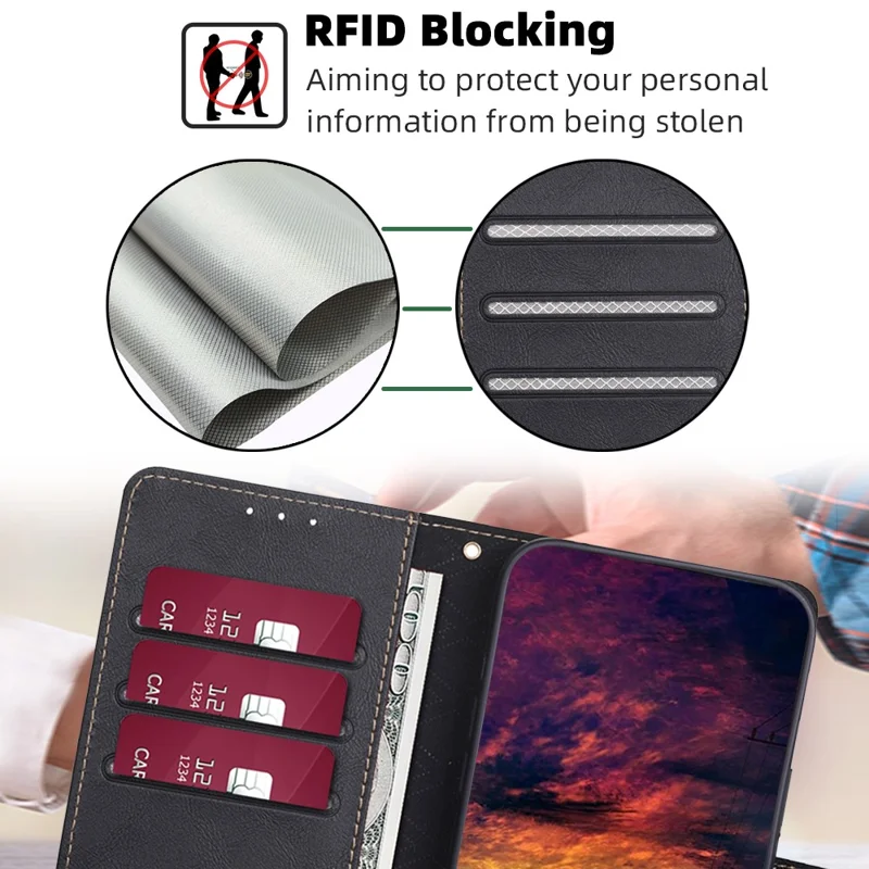 Per Huawei P60 / P60 Pro RFID Blocking Wallet Phone Case Cowhide Texture Leather Phone Stand Cover - Nero