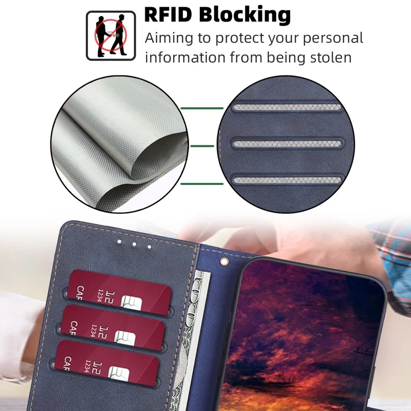 For TECNO Spark Go 2023 4G Phone Case Cowhide Texture RFID Blocking PU Leather Wallet Phone Cover - Blue