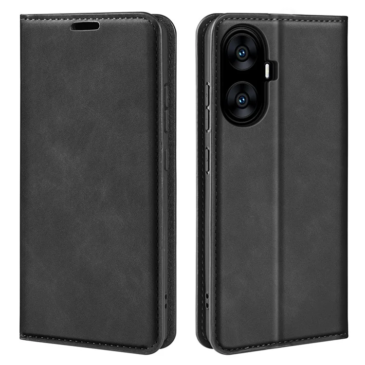 Für Realme C55 Anti-Scratch Skin-Touch Leder Handyhülle Wallet Case Folio Flip Stand Phone Cover - Schwarz