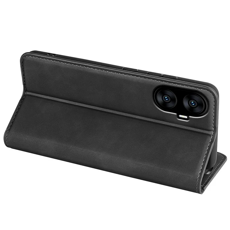 Für Realme C55 Anti-Scratch Skin-Touch Leder Handyhülle Wallet Case Folio Flip Stand Phone Cover - Schwarz