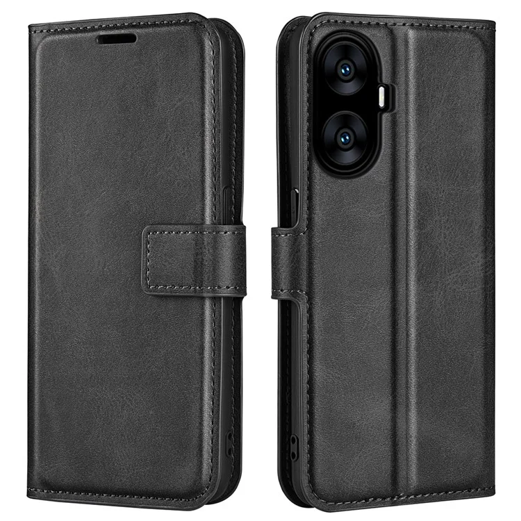 Per Realme C55 Portafoglio Shell Texture Calf Square Magnetic Clasp Stand PU Leather Phone Case - Nero