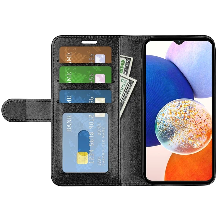 For Samsung Galaxy M14 5G Leather Phone Case Wallet Crazy Horse Texture Stand Phone Cover - Black