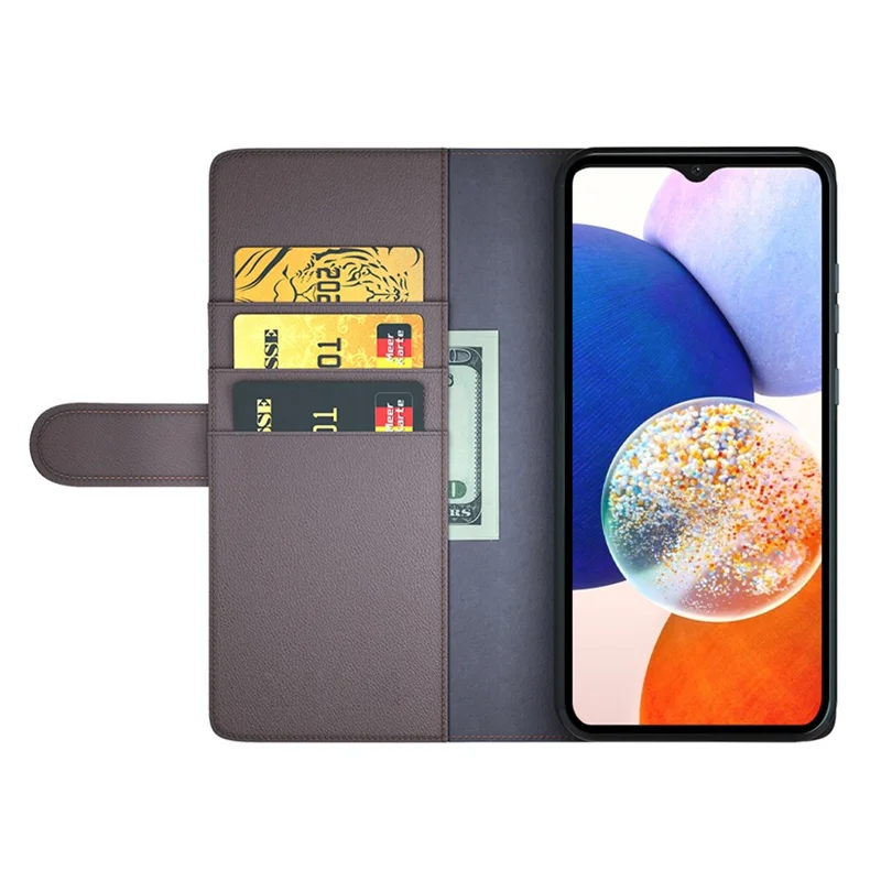 Pour Samsung Galaxy M14 5G Anti-Scratch Genuine Split Leather Phone Case Wallet Stand Cell Phone Cover - Brown