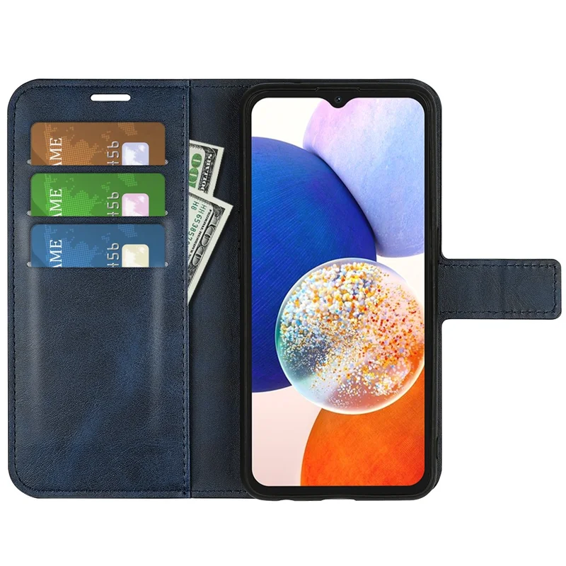 Per Samsung Galaxy M14 5G Calf Texture Stand Wallet PU Leather Case Square Magnetic Closure Flip Phone Cover - Blue