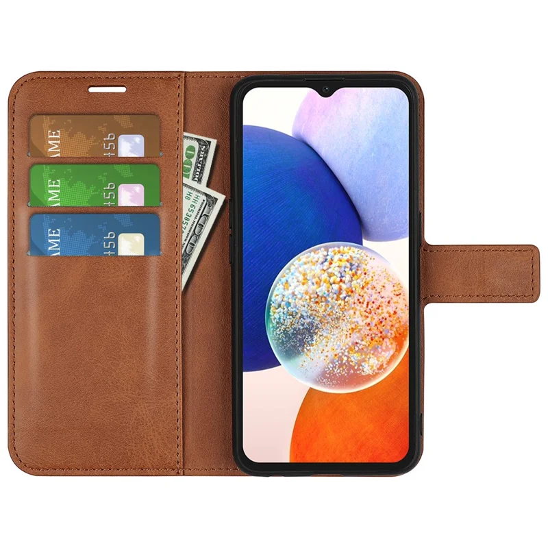 Para Samsung Galaxy M14 5G Calf Texture Stand Wallet PU Leather Case Square Magnetic Closure Flip Phone Cover - Light Brown