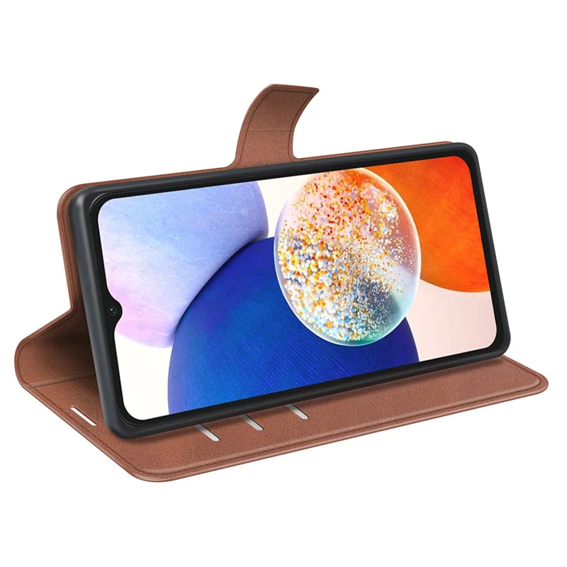 Para Samsung Galaxy M14 5G Calf Texture Stand Wallet PU Leather Case Square Magnetic Closure Flip Phone Cover - Light Brown