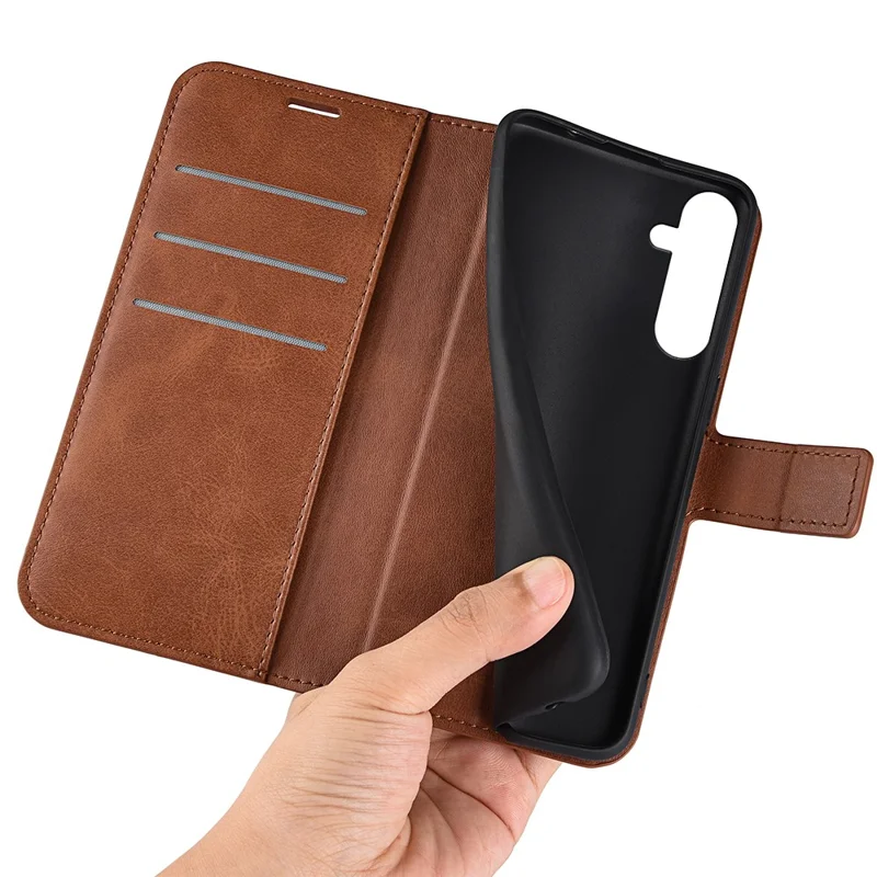 Para Samsung Galaxy M14 5G Calf Texture Stand Wallet PU Leather Case Square Magnetic Closure Flip Phone Cover - Light Brown
