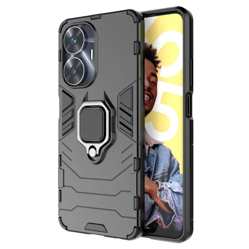 Per Realme C55 4G Ring Kickstand Protective Phone Case TPU+PC Phone Back Cover - Nero