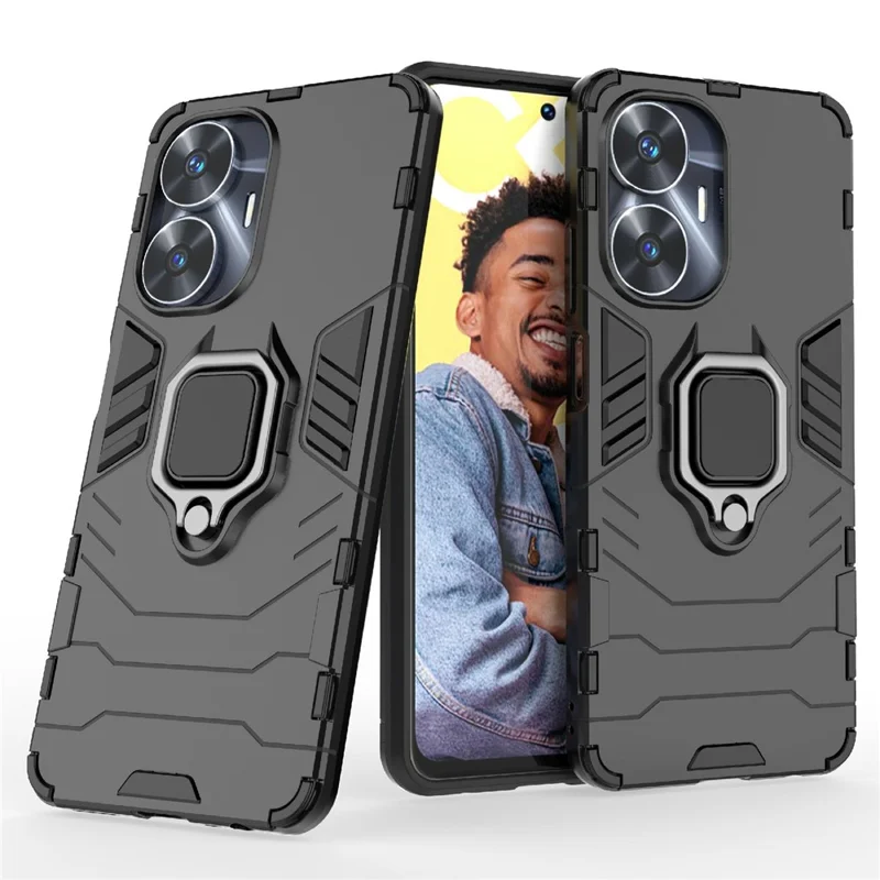Per Realme C55 4G Ring Kickstand Protective Phone Case TPU+PC Phone Back Cover - Nero