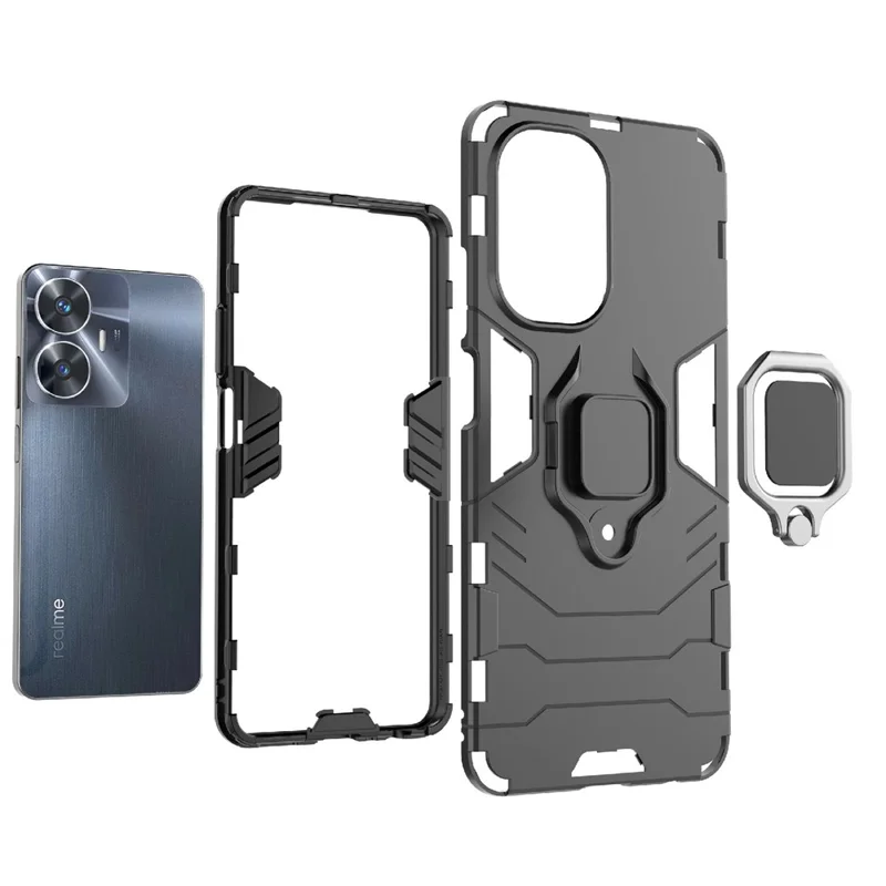 Per Realme C55 4G Ring Kickstand Protective Phone Case TPU+PC Phone Back Cover - Nero