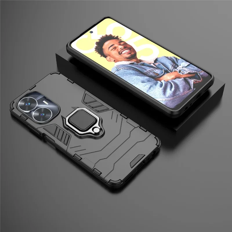 Per Realme C55 4G Ring Kickstand Protective Phone Case TPU+PC Phone Back Cover - Nero