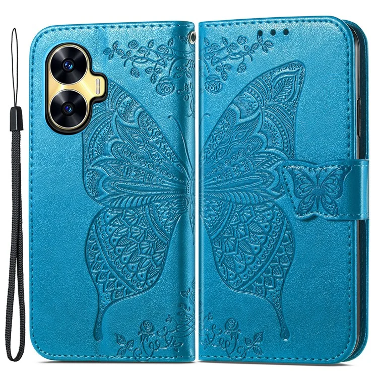 Per Realme C55 4G Butterfly Imprint Leather Phone Case Wallet Phone Stand Cover - Blu