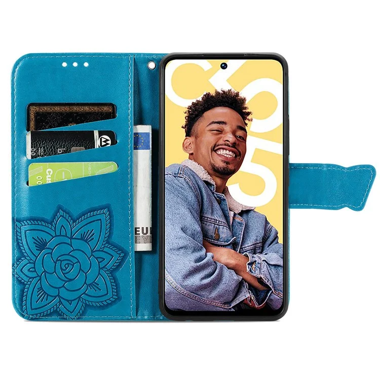 Per Realme C55 4G Butterfly Imprint Leather Phone Case Wallet Phone Stand Cover - Blu