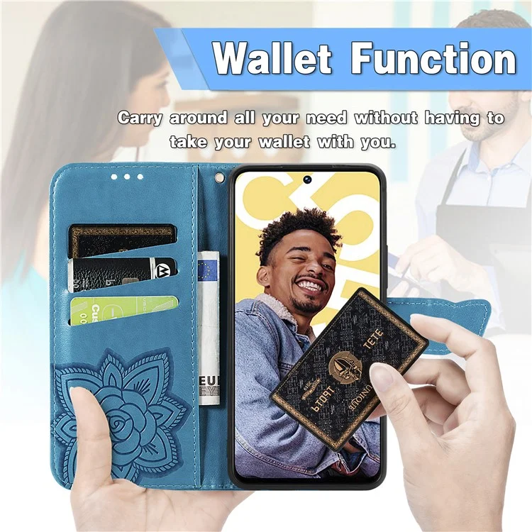 Per Realme C55 4G Butterfly Imprint Leather Phone Case Wallet Phone Stand Cover - Blu