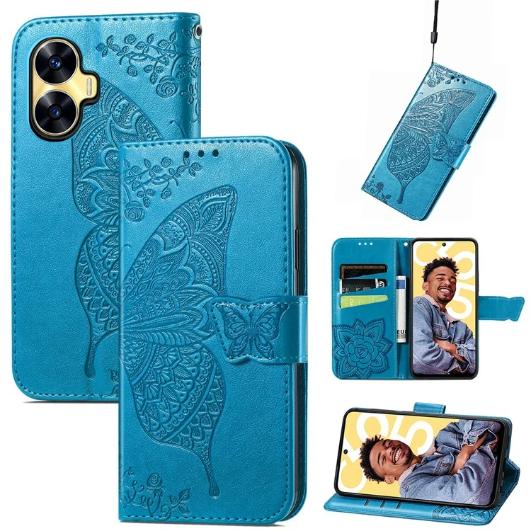 Per Realme C55 4G Butterfly Imprint Leather Phone Case Wallet Phone Stand Cover - Blu