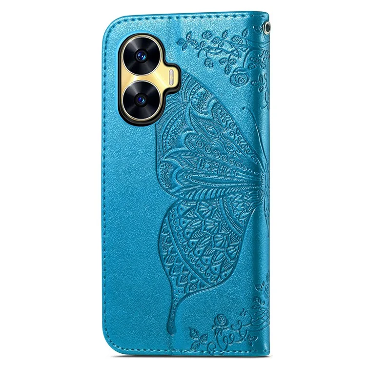 Per Realme C55 4G Butterfly Imprint Leather Phone Case Wallet Phone Stand Cover - Blu