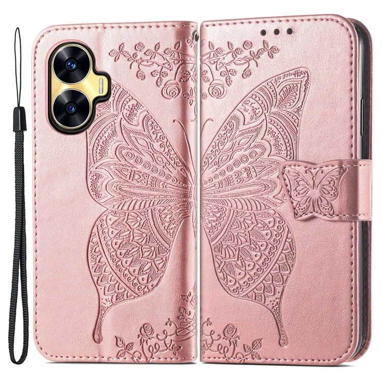 For Realme C55 4G Butterfly Imprint Leather Phone Case Wallet Phone Stand Cover - Rose Gold