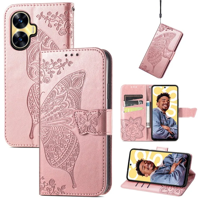 For Realme C55 4G Butterfly Imprint Leather Phone Case Wallet Phone Stand Cover - Rose Gold