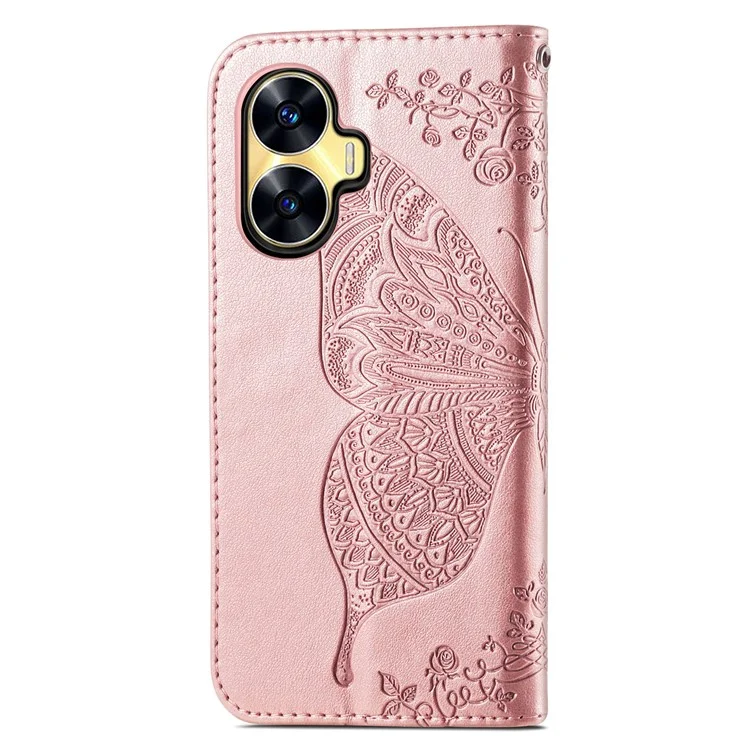 For Realme C55 4G Butterfly Imprint Leather Phone Case Wallet Phone Stand Cover - Rose Gold