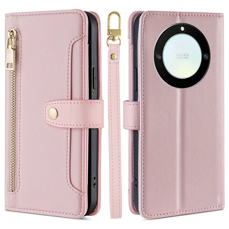 For Honor X40 5G / X9a 5G / Magic5 Lite 5G Leather Wallet Cover Zipper Pocket Phone Stand Case with 2 Straps - Pink