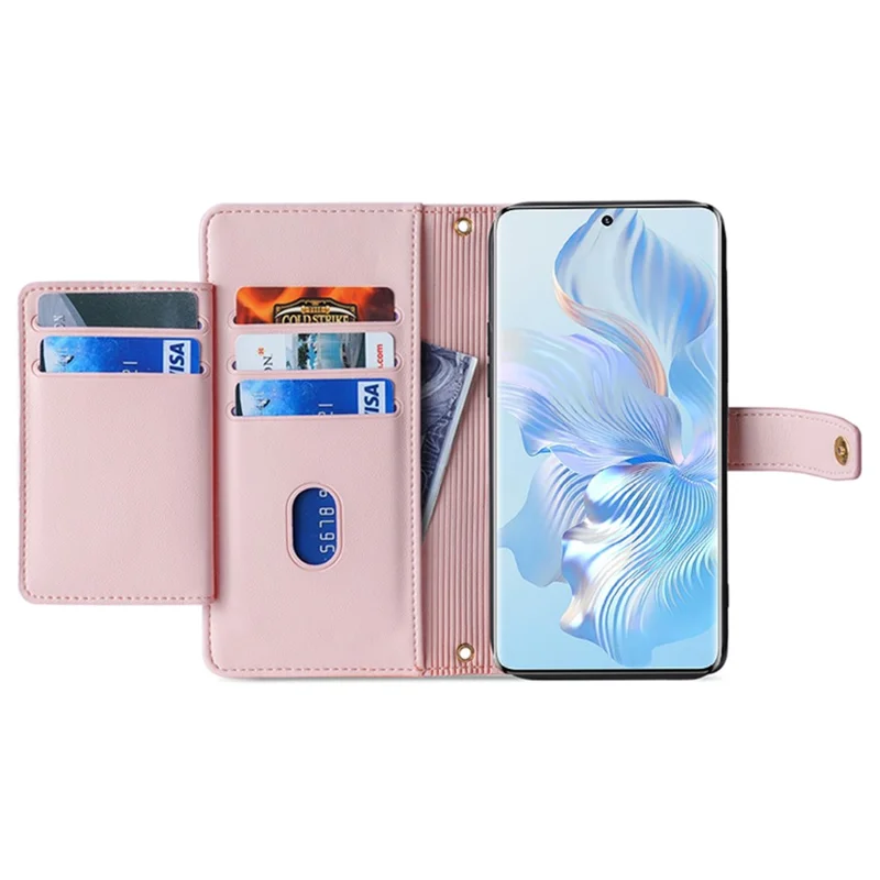 For Honor X40 5G / X9a 5G / Magic5 Lite 5G Leather Wallet Cover Zipper Pocket Phone Stand Case with 2 Straps - Pink