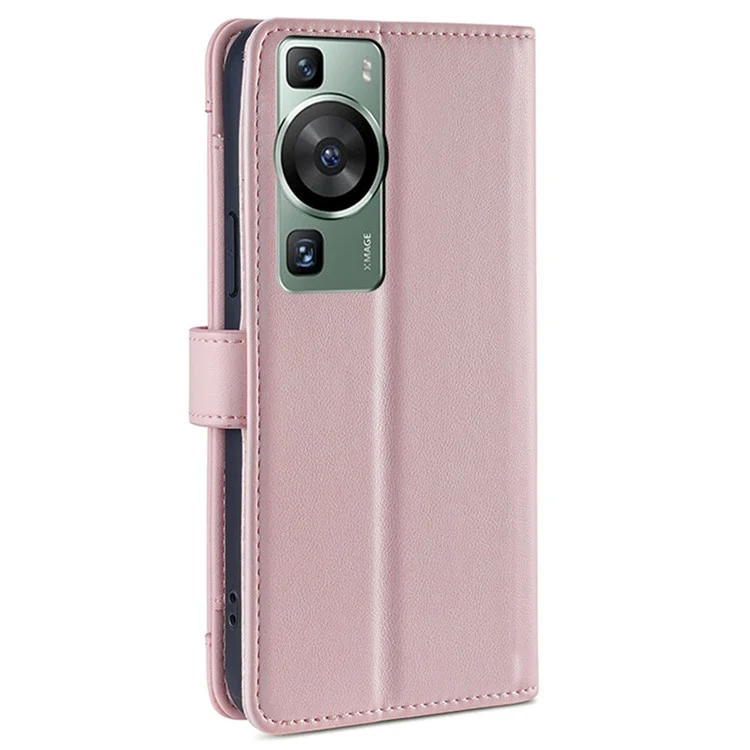 Wallet Cover for Huawei P60 / P60 Pro Zipper Pocket Anti-Scratch Leather Phone Stand Case with 2 Straps - Pink