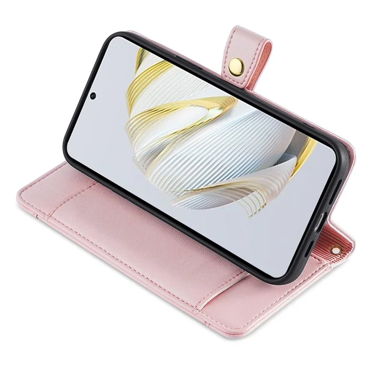 Wallet Cover for Huawei P60 / P60 Pro Zipper Pocket Anti-Scratch Leather Phone Stand Case with 2 Straps - Pink