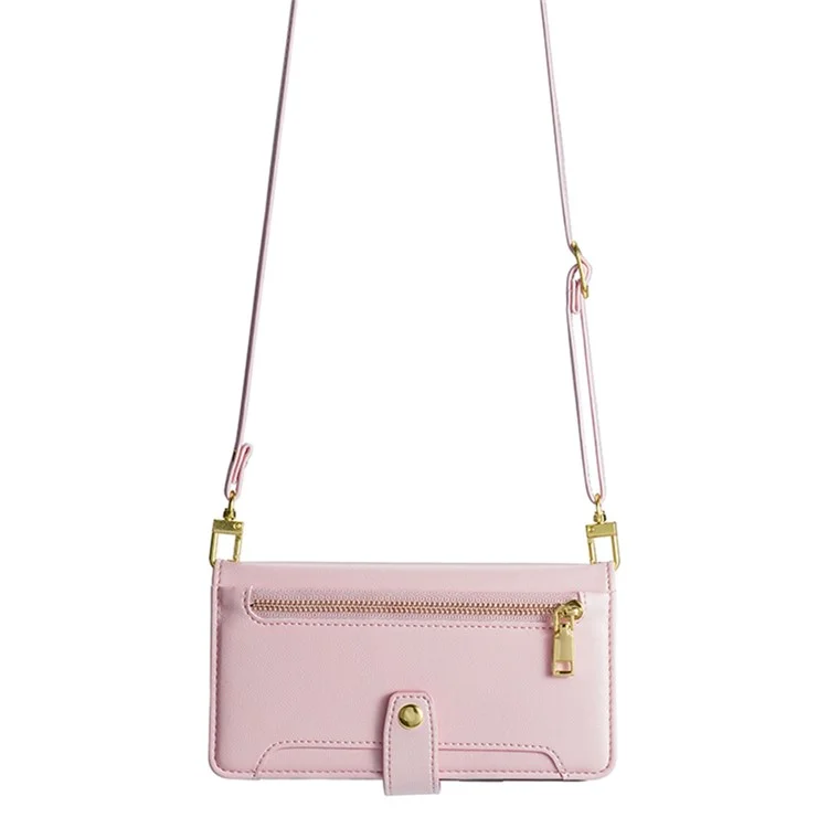Wallet Cover for Huawei P60 / P60 Pro Zipper Pocket Anti-Scratch Leather Phone Stand Case with 2 Straps - Pink