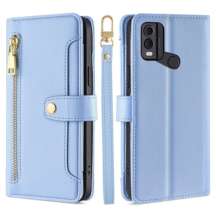 Drop-Proof Cover for Nokia C22 Stand Wallet Leather Phone Case with Zipper Pocket and 2 Straps - Blue